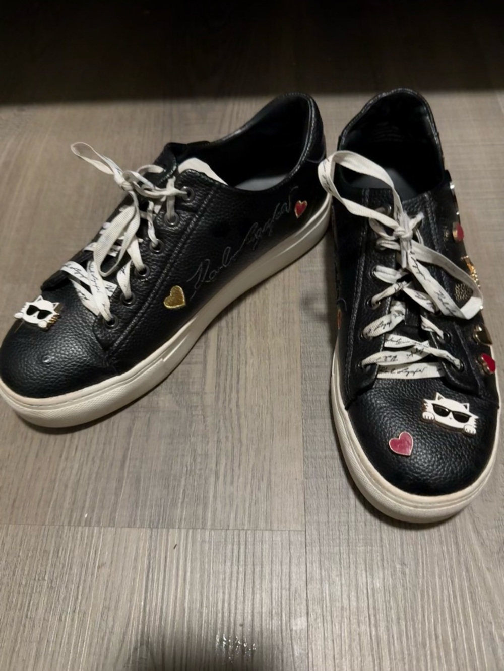 Karl Lagerfeld Black Leather Low-Top Sneakers with Heart & Gold Accents